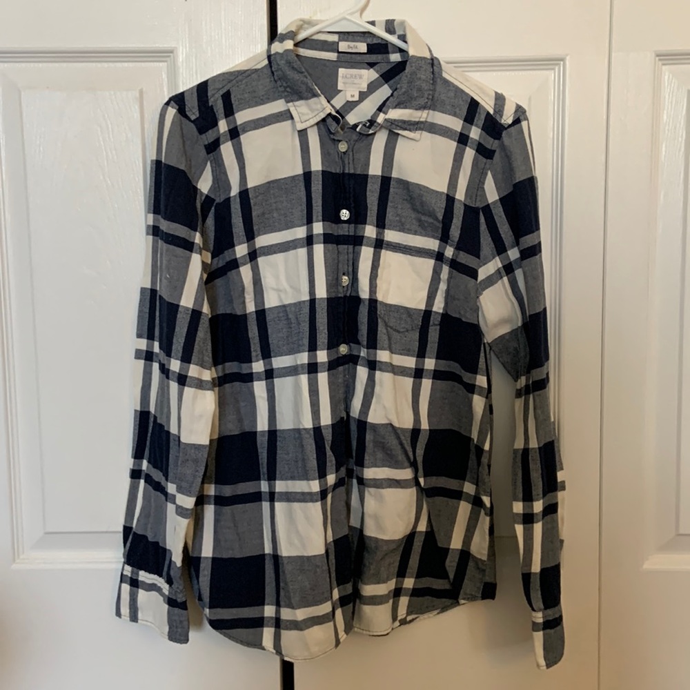 J Crew flannel blue and white plaid shirt. Boy fit, size medium